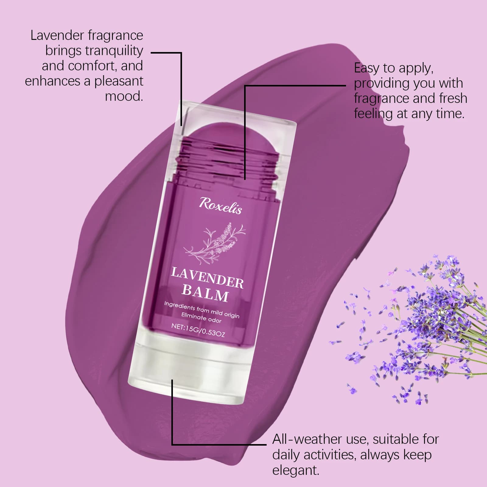 Parfum solide à la lavande Roxelis pour femmes, baume parfumé portable, parfum léger longue durée, facile à appliquer