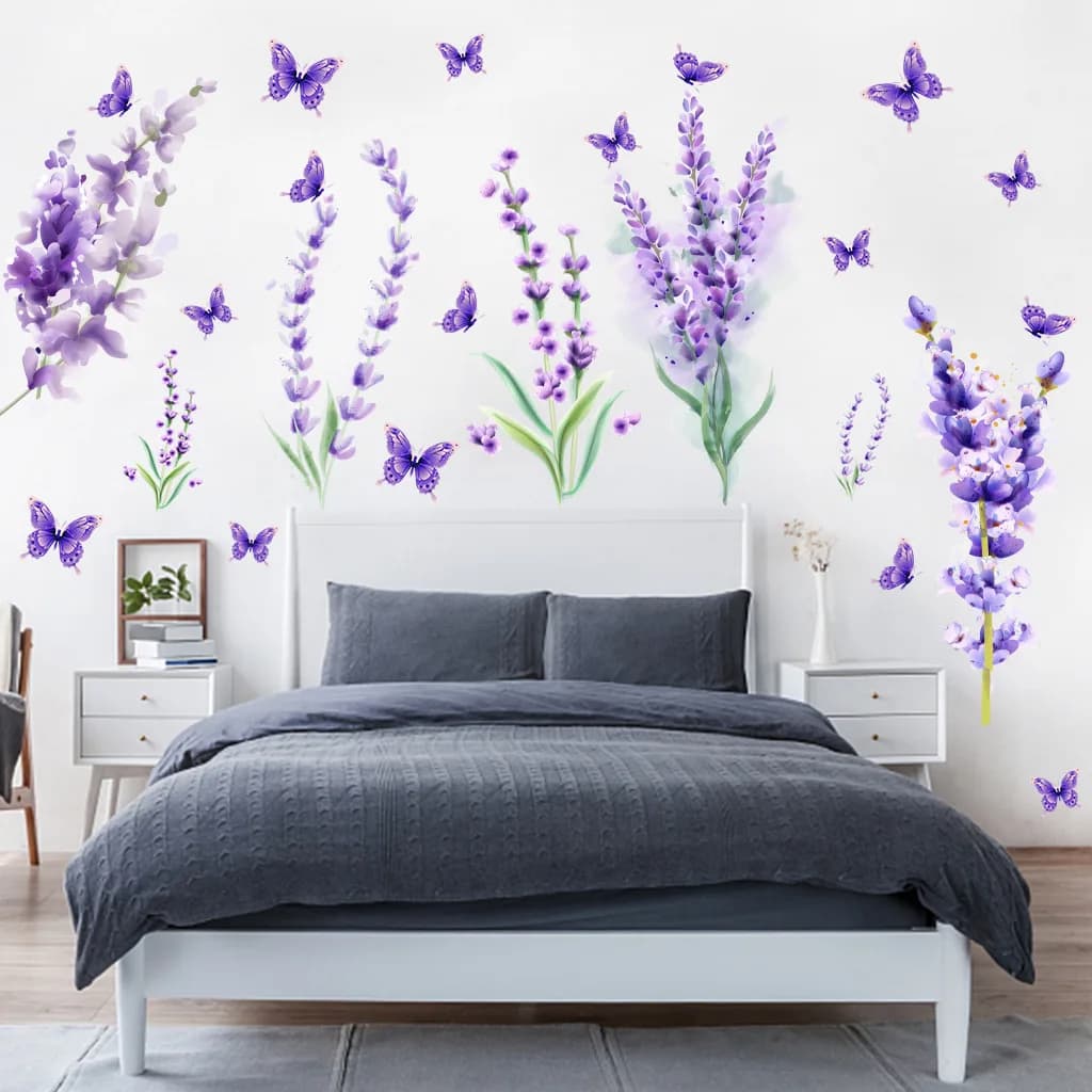 Autocollant mural papillon fleur violet lavande, décoration de maison, autocollants imperméables auto-adhésifs, décoration murale pour chambre à coucher et salon