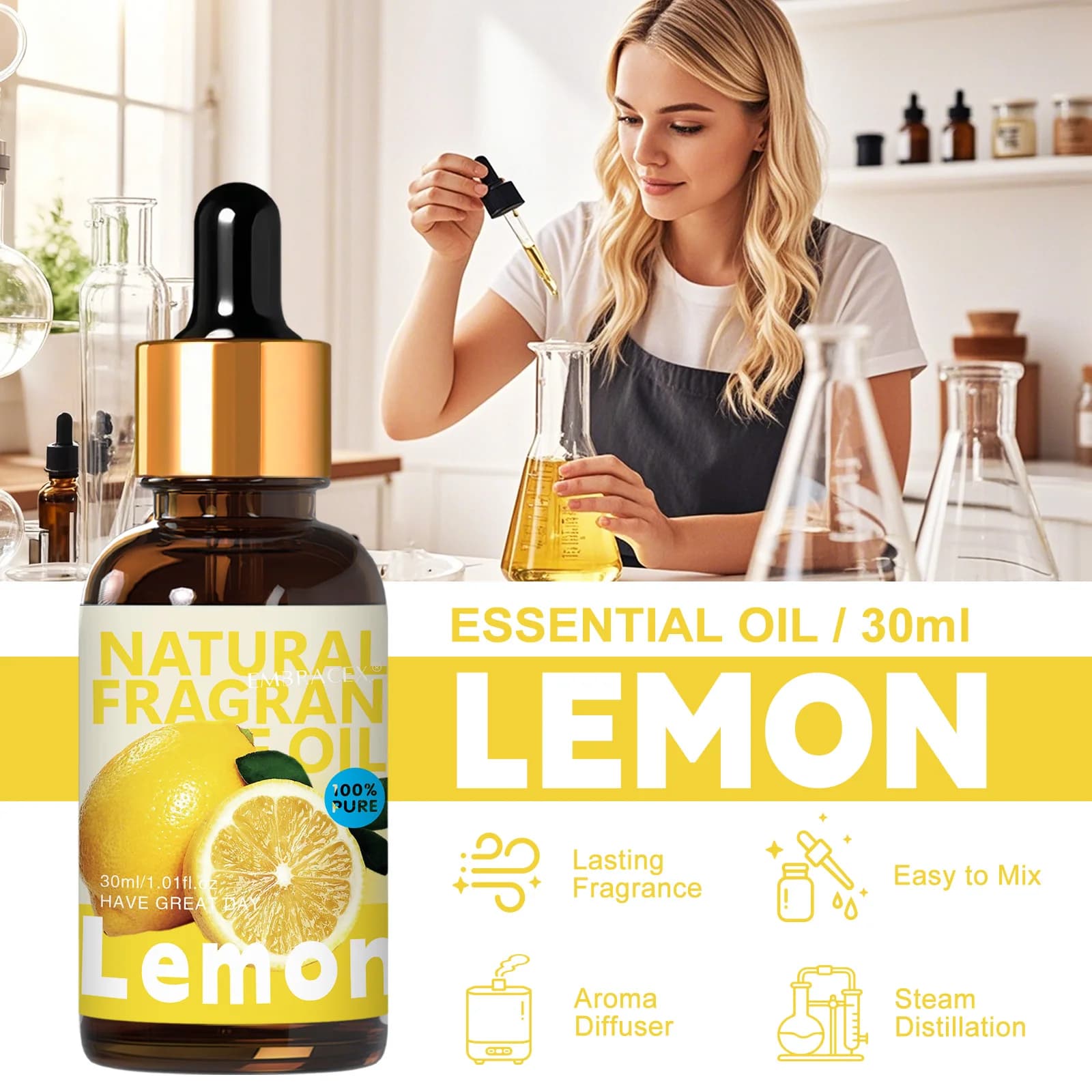 Huile essentielle de citron 30ml, désodorisant pour voiture, projets de bricolage, fabrication de bougies, huile parfumée aux fruits, parfum longue durée, cadeau pour amis
