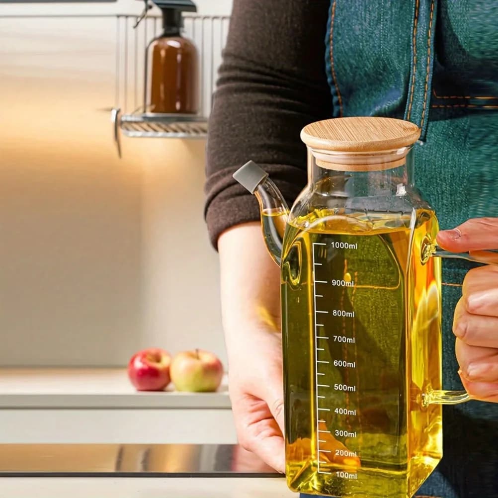 Pot à huile en verre de 1000ml, Pot à vinaigre de grande capacité avec couvercle avec marquages de mesure, lavage des mains uniquement, accessoires de cuisine à usage domestique