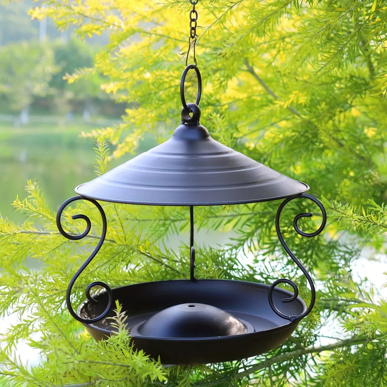 Mangeoire à oiseaux suspendue noire élégante – Décor de jardin en métal durable