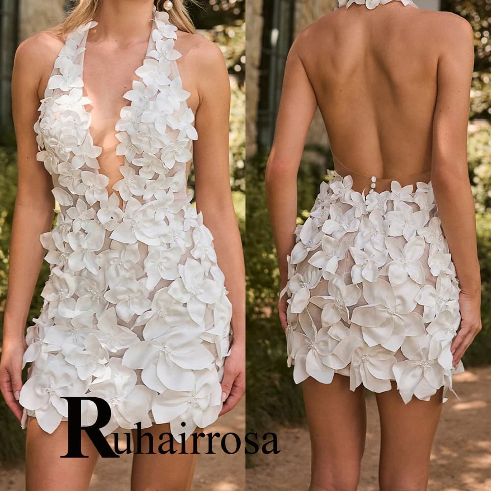 Ruhair fantaisie licou robes De mariée pour les femmes 3D fleurs dos nu colonne bouton sans manches Robe De mariée Robe De mariée personnalisée