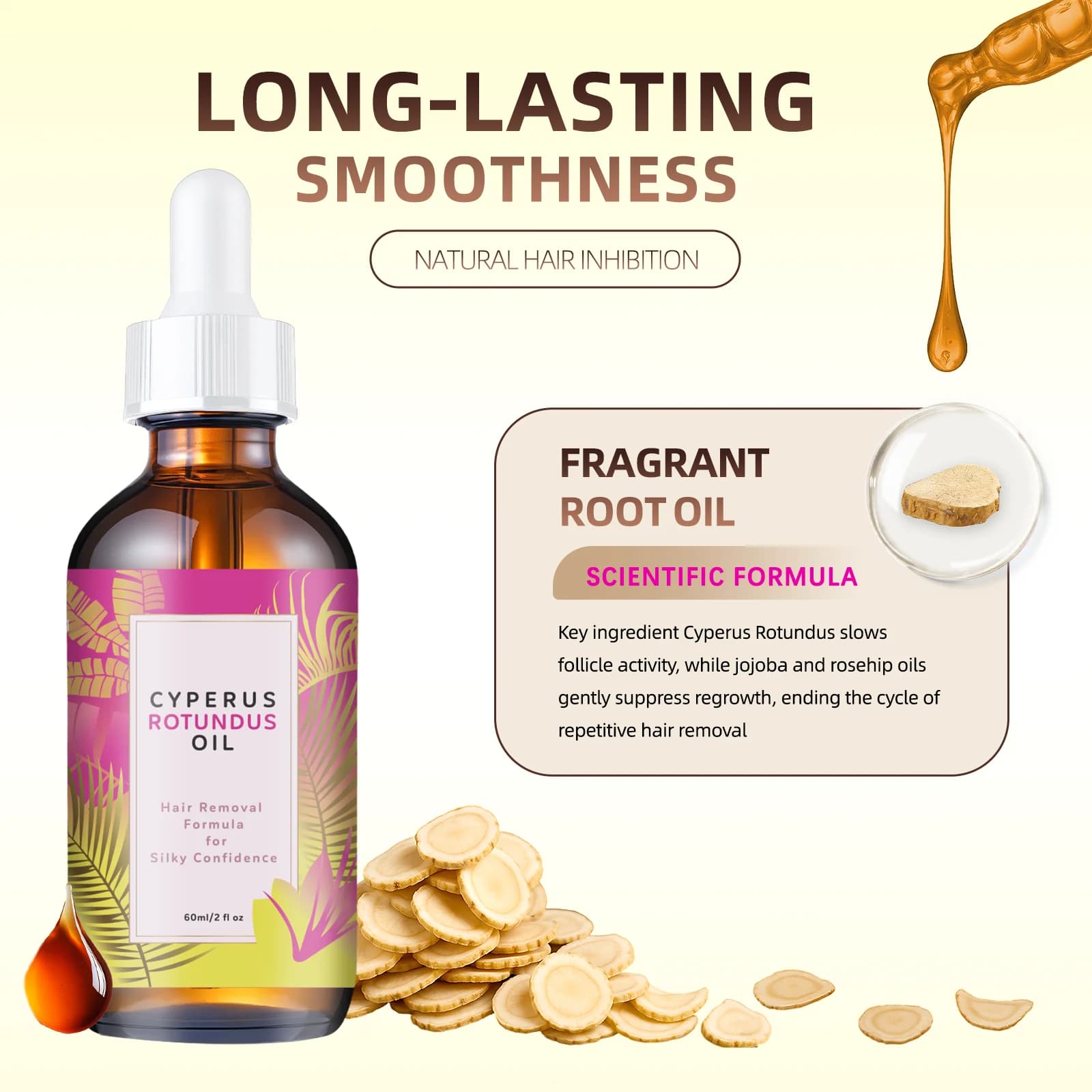 Huile Naturelle Minimisant les Frisottis et Adoucissante pour la Peau 60ml - Formule Jojoba & Amande, Favorise la Croissance Capillaire et un Toucher Lisse de la Peau