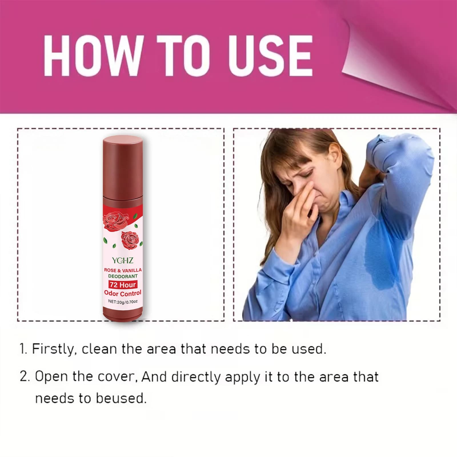 Déodorant Roll-On Rose Vanille Jasmin - Ingrédients à base de plantes, contrôle des odeurs longue durée 72 heures, soin doux, convient aux hommes et aux femmes, pour les voyages ou l'usage quotidien