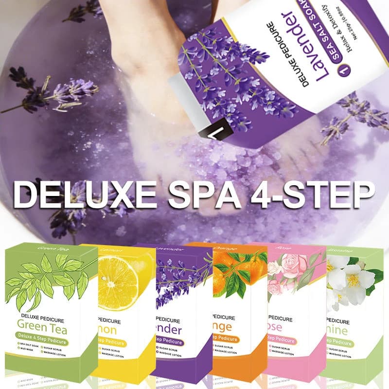 Ensemble de soins pour les pieds 4-en-1 : sels de bain pour les pieds, gommage exfoliant, crème et masque pour les pieds. Ensemble de bain de pieds 4 pièces, soin des pieds à domicile