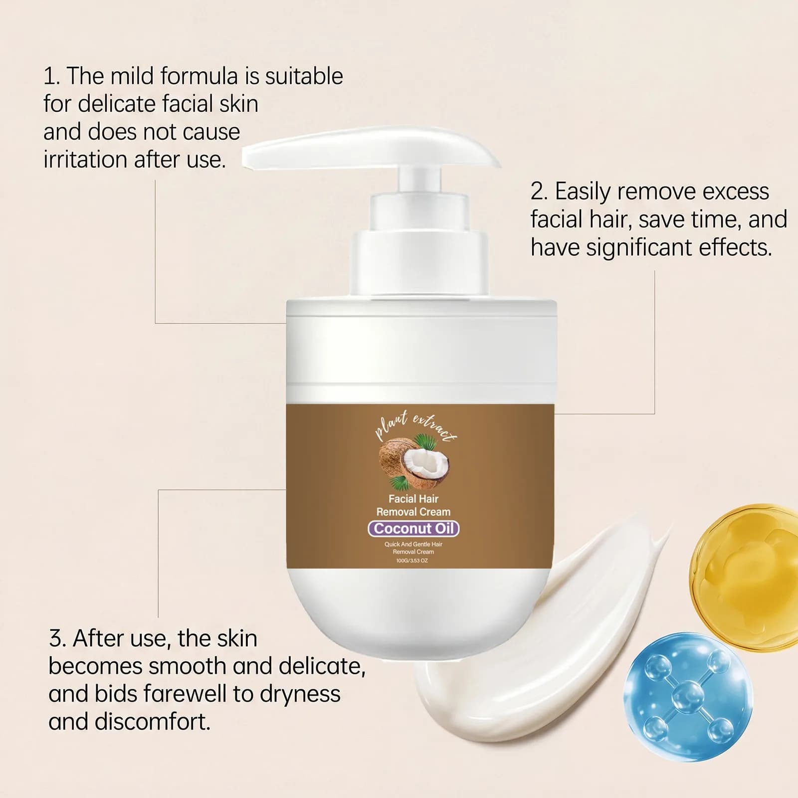 Crème dépilatoire à l'huile de coco pour le visage, épilation rapide, sans douleur, nourrissante, peau lisse, formule douce, non grasse, pour peaux sèches, 100g