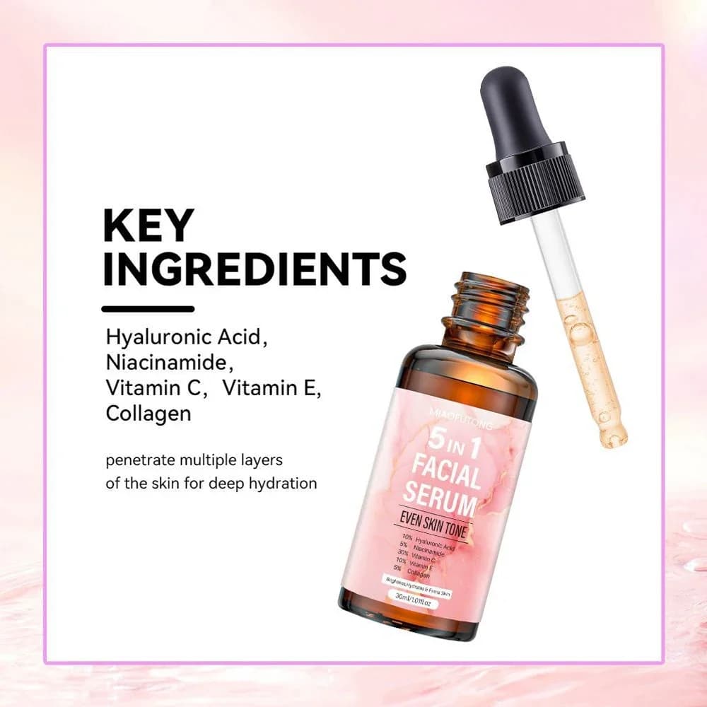 Sérum anti-âge 5 en 1 avec 30% de vitamine C, 10% d'acide hyaluronique, 5% de niacinamide pour éclaircir et hydrater tous les types de peau