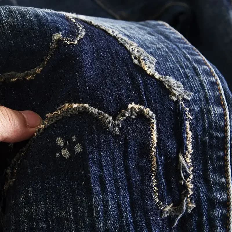 Jeans de moto en coton vintage pour hommes avec poches imprimées