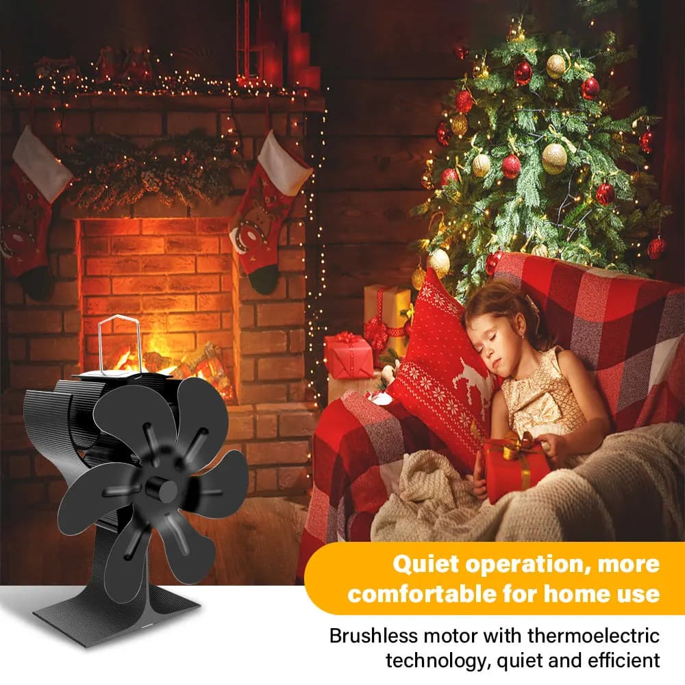 Ventilateur de poêle à 6 pales à alimentation thermique pour foyer à bois, distribution efficace de la chaleur, écologique, silencieux, noir, chauffe-vente hivernal pour la maison