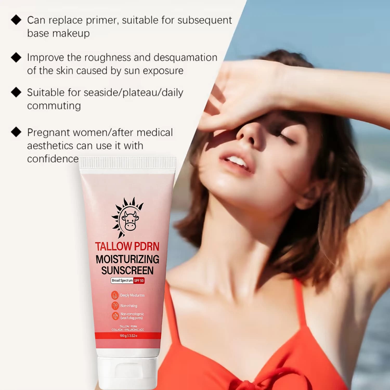 Crème solaire hydratante au suif PDRN SPF 50 - Non comédogène, non grasse, hydrate en profondeur pour tous les types de peau
