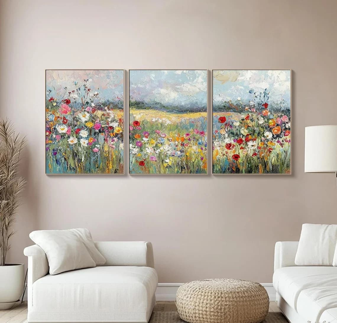 Peinture à l'huile de paysage originale, grande décoration murale florale, œuvre d'art 3D, triptyque mural, art mural vintage rustique, art mural coloré moderne