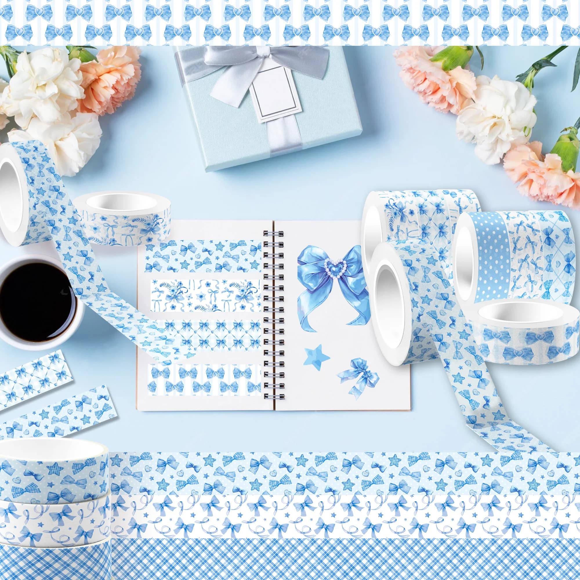 Lot de 12 rouleaux de ruban Washi bleu