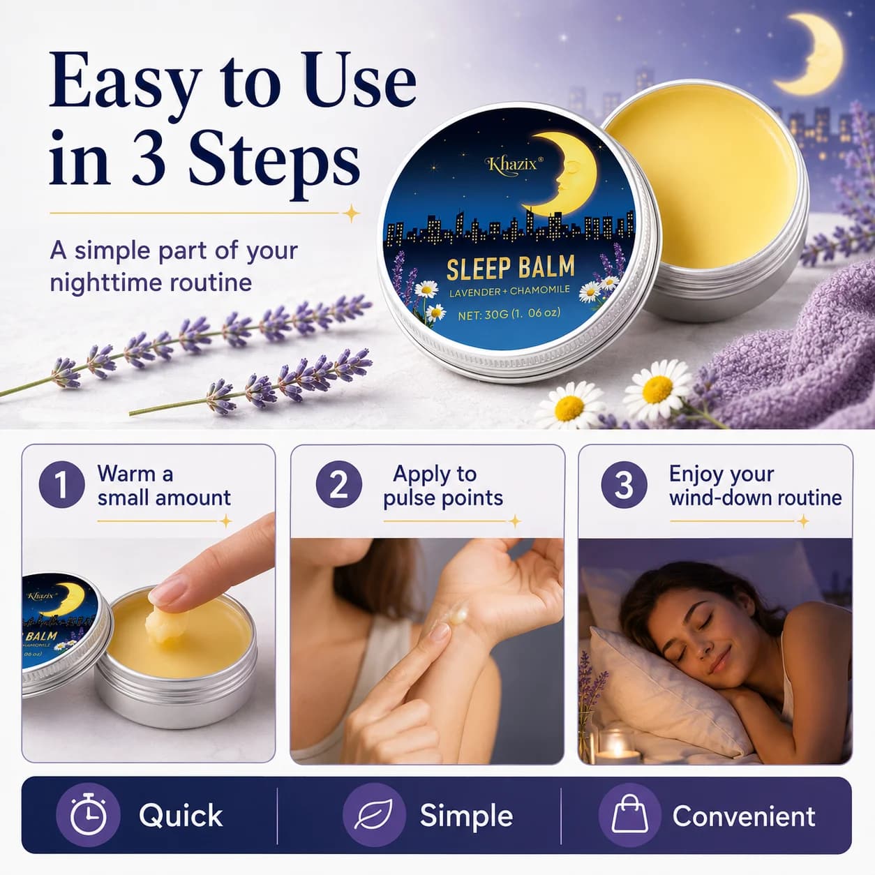 Baume de Nuit Apaisant 30g à la Lavande et à la Camomille – Arôme Relaxant, Doux pour la Peau, Format Voyage Idéal pour la Routine du Coucher