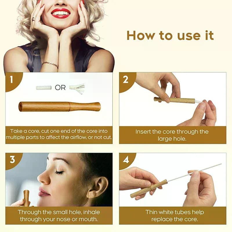 Inhalateur d'aromathérapie pour huiles essentielles, bâton d'inhalateur pour arrêter de fumer, diffuseur personnel en bois pour huiles essentielles avec tiges de fibres