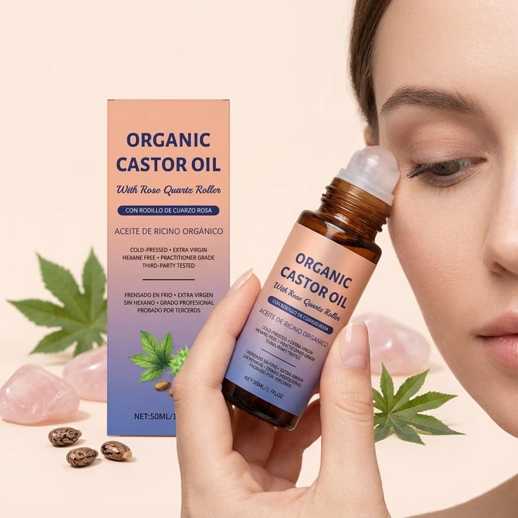 Bille d'essence apaisante à l'huile de ricin avec rouleau en quartz rose – Huile