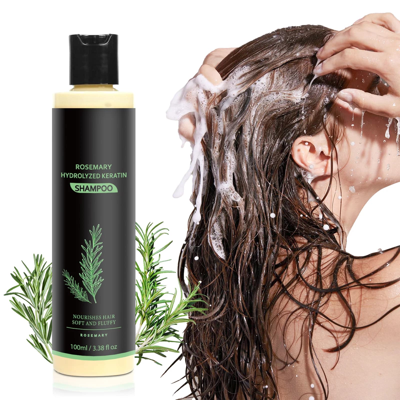 Shampooing anti-pelliculaire régulateur de sébum à l'huile de romarin - Répare les pointes fourchues, apaise le cuir chevelu et fortifie les cheveux pour les soins estivaux.