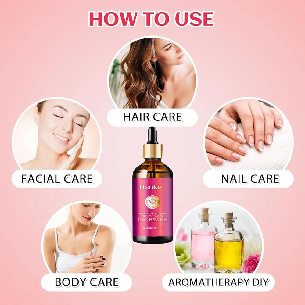 Huile de rose pour le visage à l'extrait de ginseng rouge, sérum facial anti-âge, éclaircit l'hydrat, optimiste et révèle une peau radieuse, 100ml
