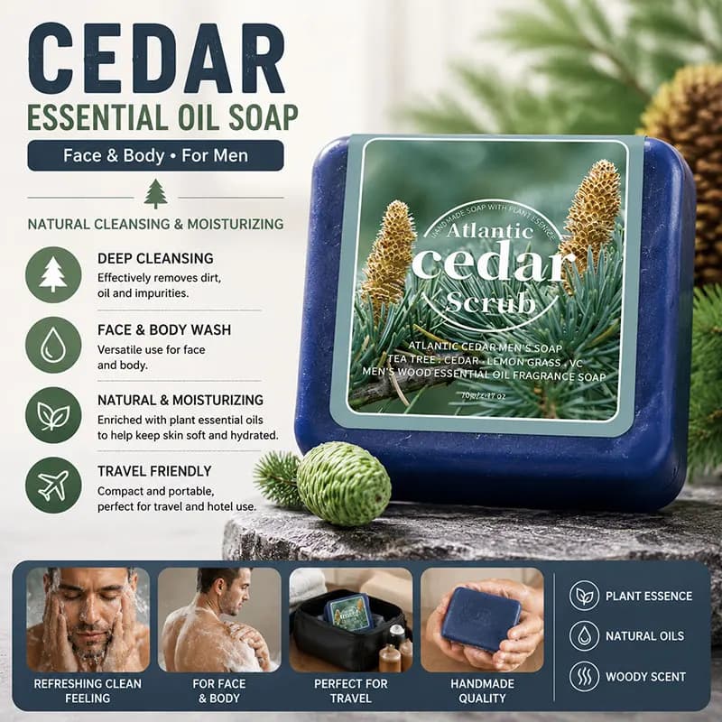 Savon artisanal à l'huile de cèdre pour homme, savon de voyage portable pour hôtel, lavage du visage et du corps, savon hydratant et nettoyant, savon parfumé