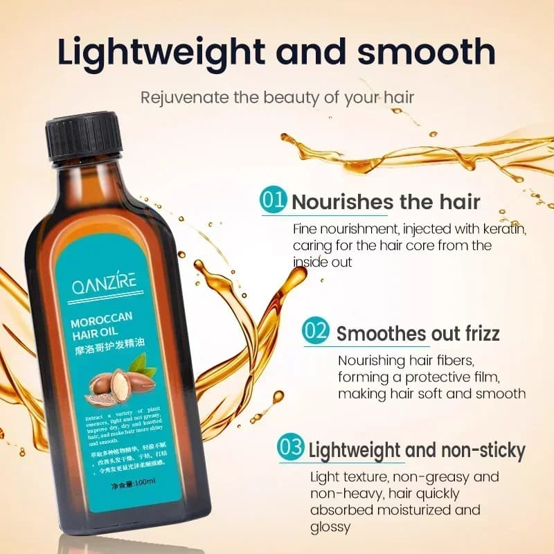 Huile essentielle d'argan marocaine végétale, 100ML, soins capillaires sans lavage, huile essentielle pour réparer les dommages secs, traitement capillaire, nourrir les soins capillaires