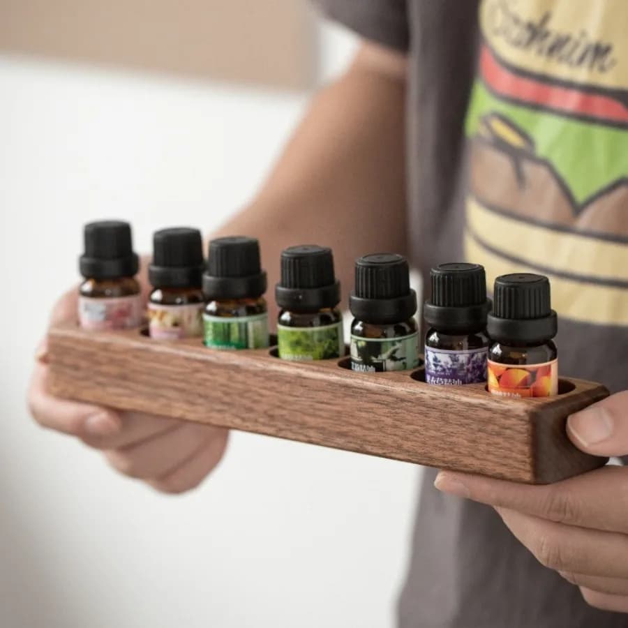 Support de rangement en bois de noyer pour huiles essentielles et cosmétiques, présentoir Vertical de bureau en bois, salle de bains, cuisine, ménage avec cloison