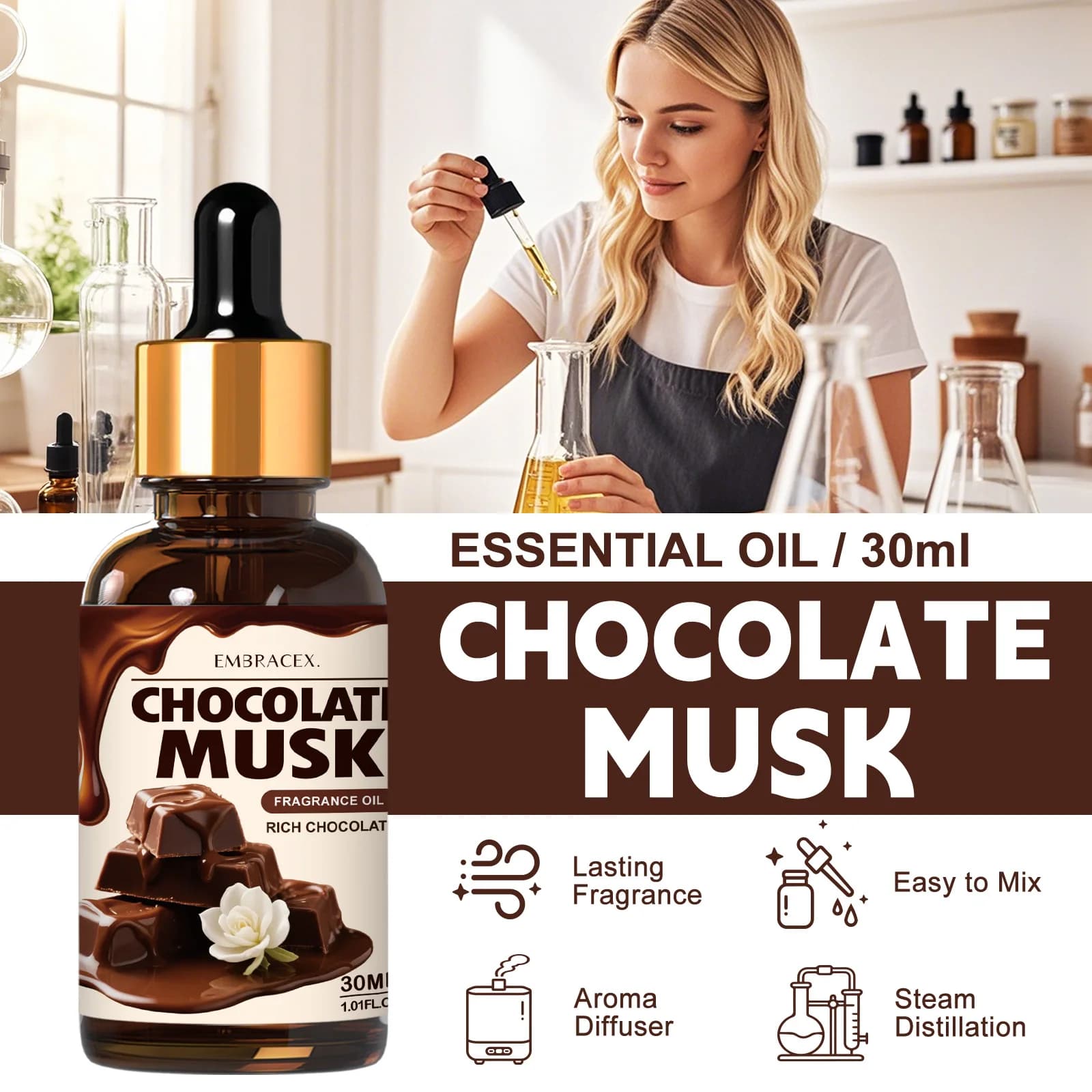 Huile essentielle au parfum de chocolat et de musc, 30ml, pour diffuseurs, projets de bricolage, fabrication de bougies, cadeau pour amis