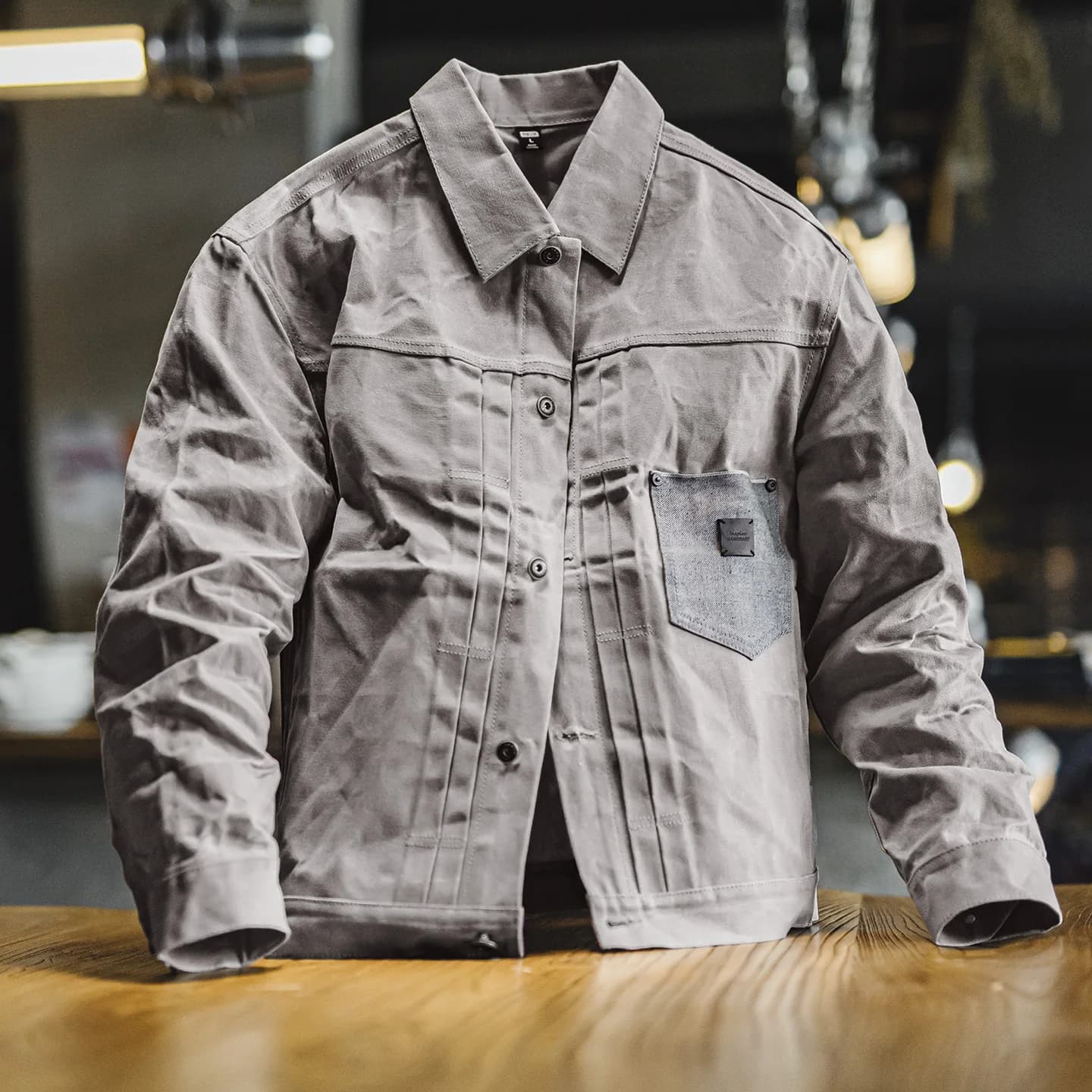 Maden – veste cirée à l'huile Vintage pour hommes, manteau de chasse imperméable en V, Double plis, vêtements d'extérieur en toile grise avec poches plaquées pour l'automne