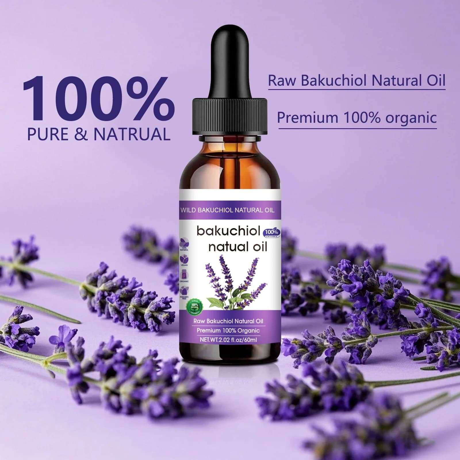 Huile pour le visage anti-âge au bakuchiol 60 ml - Alternative naturelle au rétinol avec de la lavande, favorise une peau éclatante et d'apparence jeune.