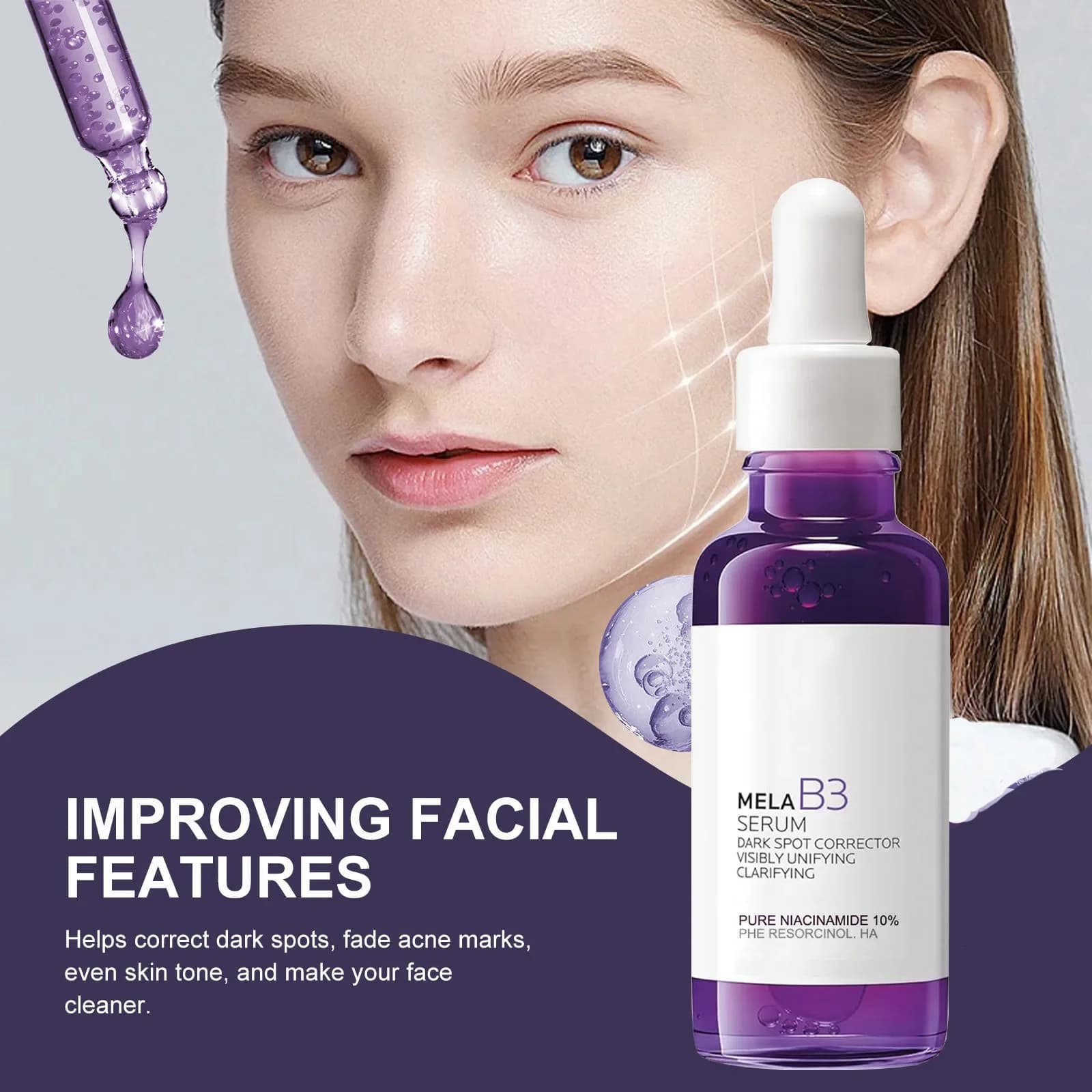 Sérum éclaircissant à la vitamine B3 (flacon violet) - Atténue les taches brunes, unifie le teint, raffermit et améliore l'élasticité grâce à une hydratation intense