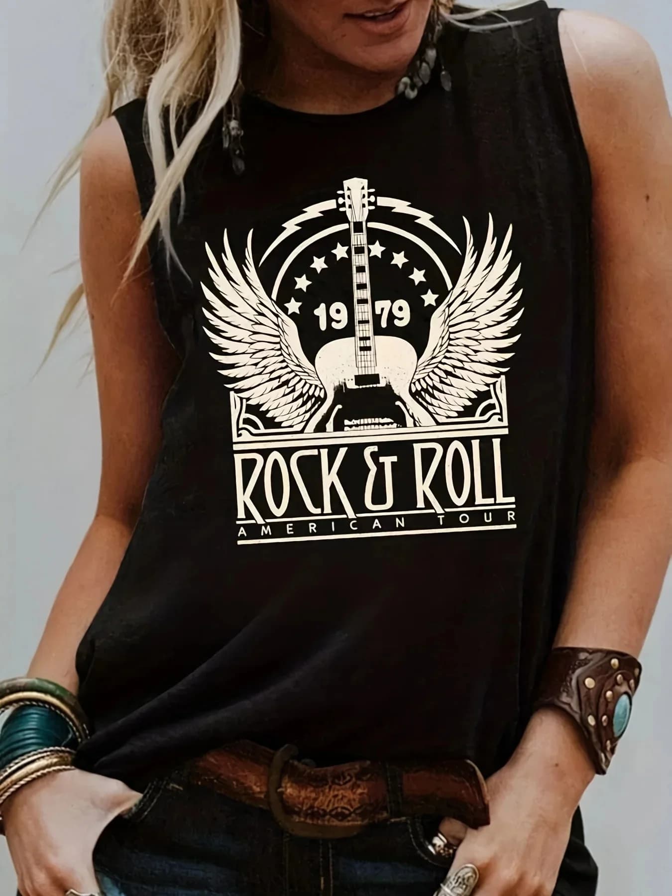 Femmes été ROCK rouleau lettre imprimer grand décontracté sans manches ample débardeur T-shirt imprimé débardeurs femmes mode Streetwear