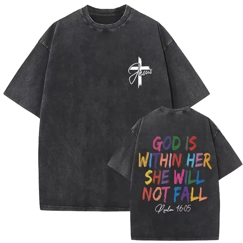 T-shirt chrétien pour hommes Faith Over Fear, en coton lavé, vintage, avec impression de versets des Psaumes 118:6 et croix de Jésus, style Harajuku, haut d'été streetwear