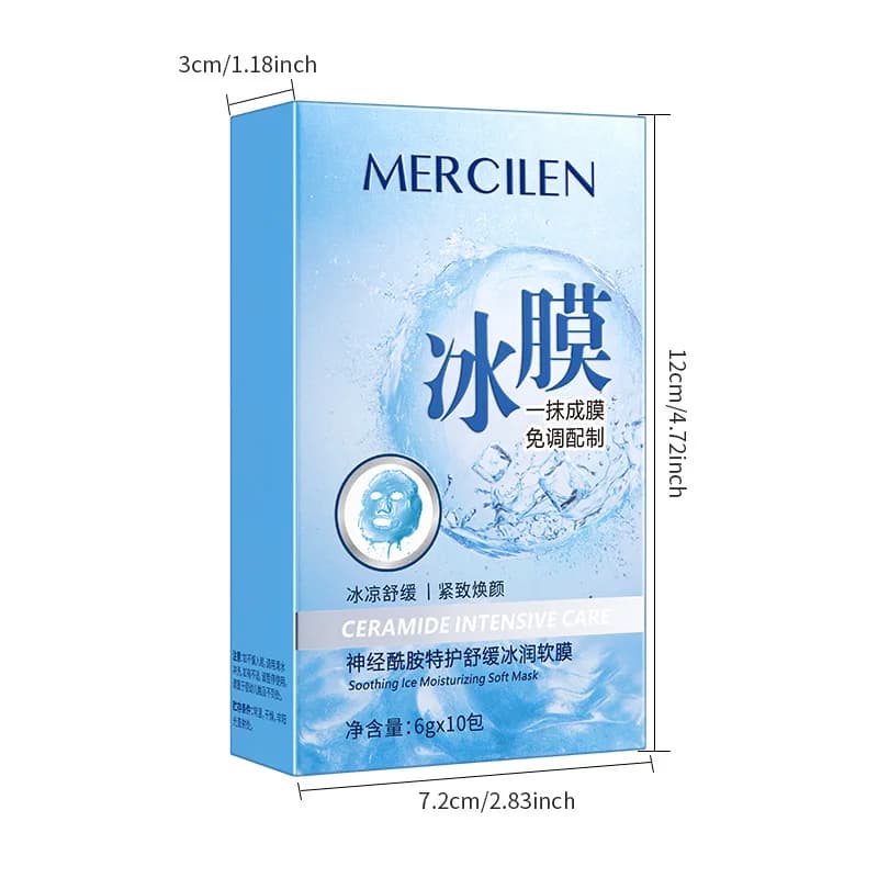 Masque hydratant doux Mercilen Ceramide Ice, contenant de l'acide hyaluronique et de la vitamine E, hydrate en profondeur le visage, laissant la peau hydratée, lisse et éclatante, adapté à tous les ty