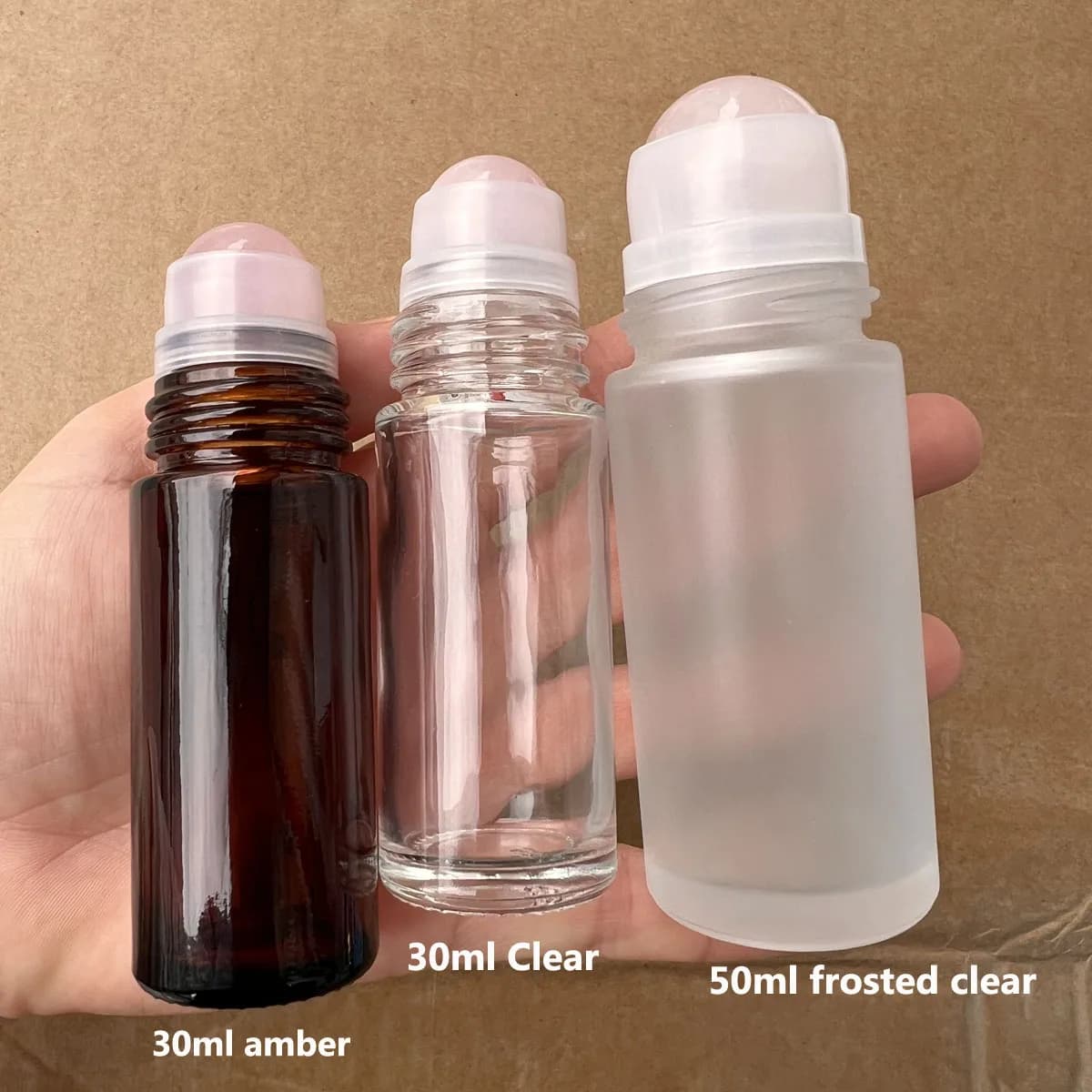 Bouteille en verre ambre/clair de 30ml 50ml, Quartz Rose naturel, boule à roulettes Extra Large en cristal, rouleau sur bouteille d'huile de parfum sous les bras