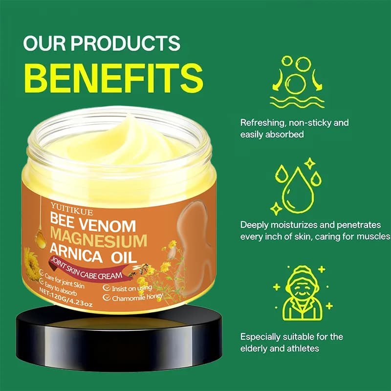 Crème pour les articulations YUITIKUE au venin d'abeille, au magnésium et à l'arnica, hydrate en profondeur, hydrate la peau des articulations, formule douce