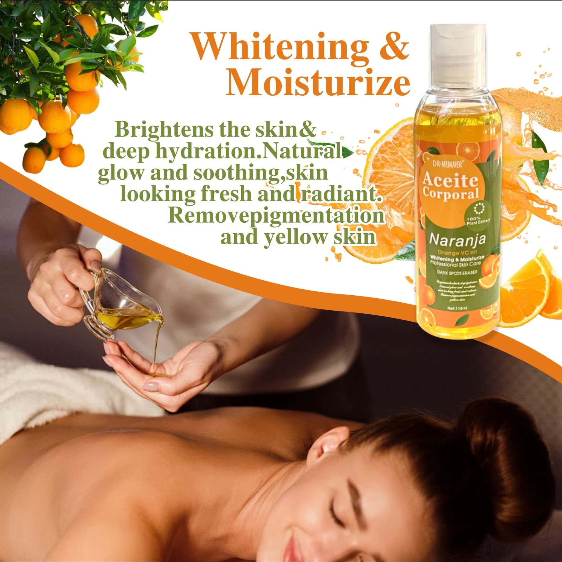 Huile de massage hydratante éclaircissante à l'orange VC 118 ml avec vitamine E