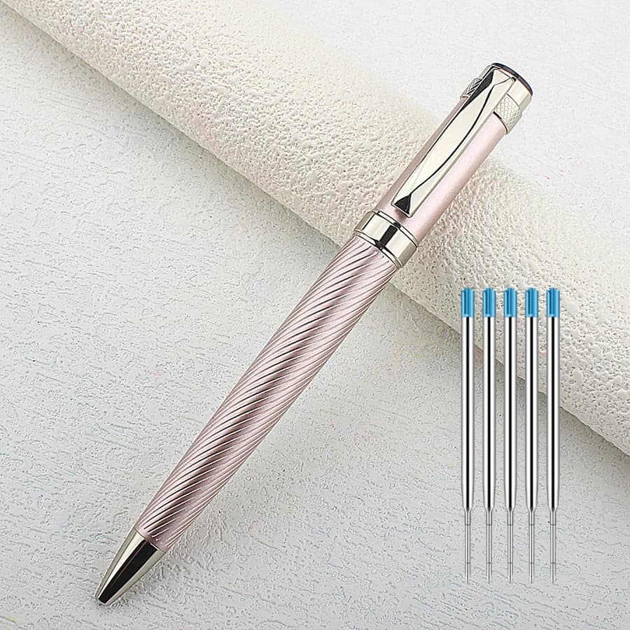 Stylos à bille roulante de luxe pour hommes et femmes, acier inoxydable rose, lignes incurvées, école, bureau, exécutif, entreprise