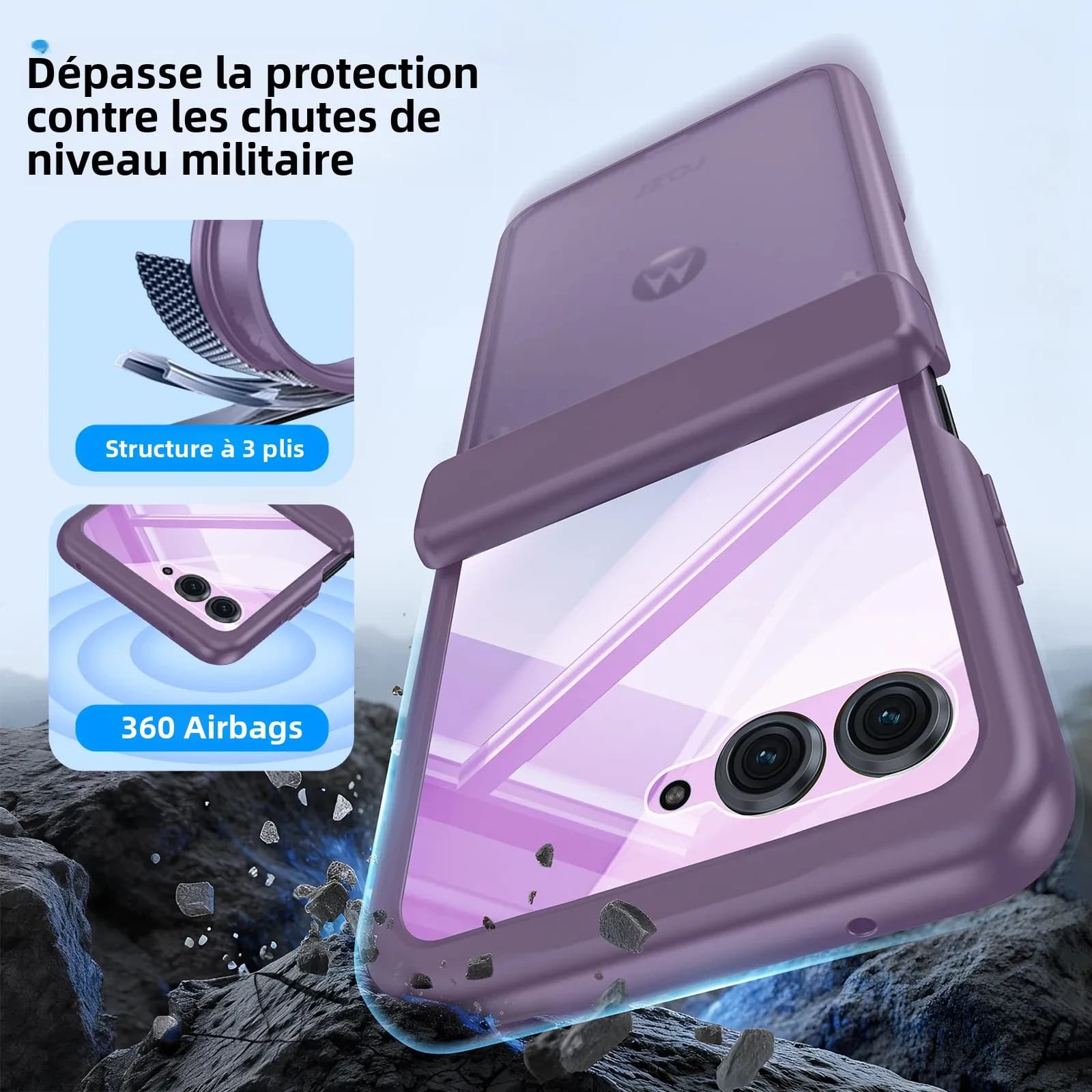 Soldes 618! Étui pour Moto Razr 50/60/70, protection anti-chute de qualité militaire, coque antichoc à 3 couches avec charnière et protection d'écran - Violet