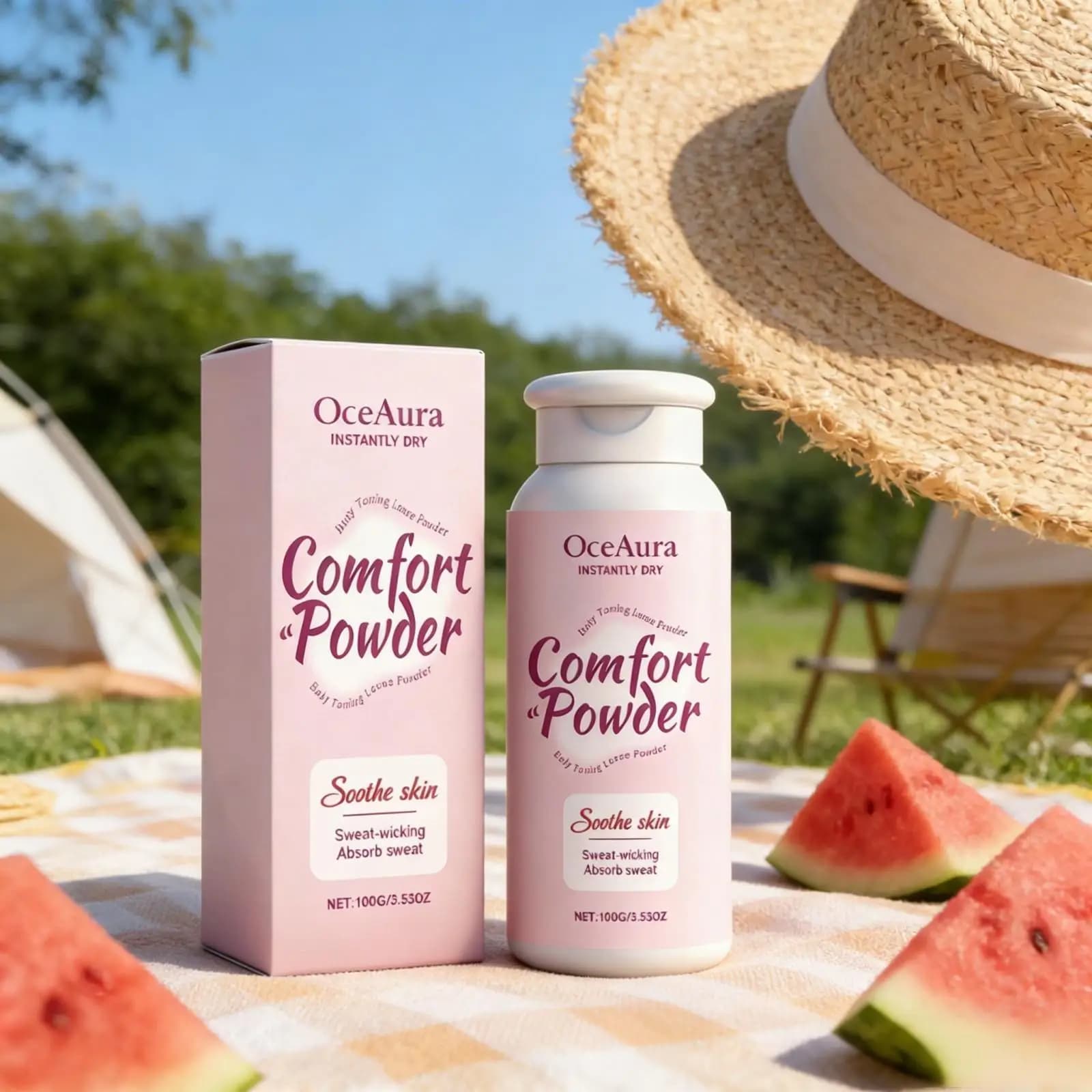 Poudre corporelle parfumée OceAura Comfort Anti-Friction pour Cuisses et Aisselles, Anti-Transpiration, Peau Lisse, Rafraîchissante, Poudre Libre 100g