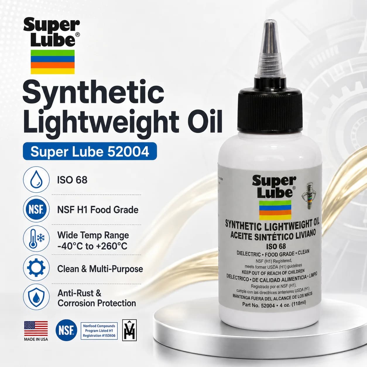 Huile synthétique de qualité alimentaire Super Lube 52004 ISO 68 pour roulements de machines, chaînes, pompes