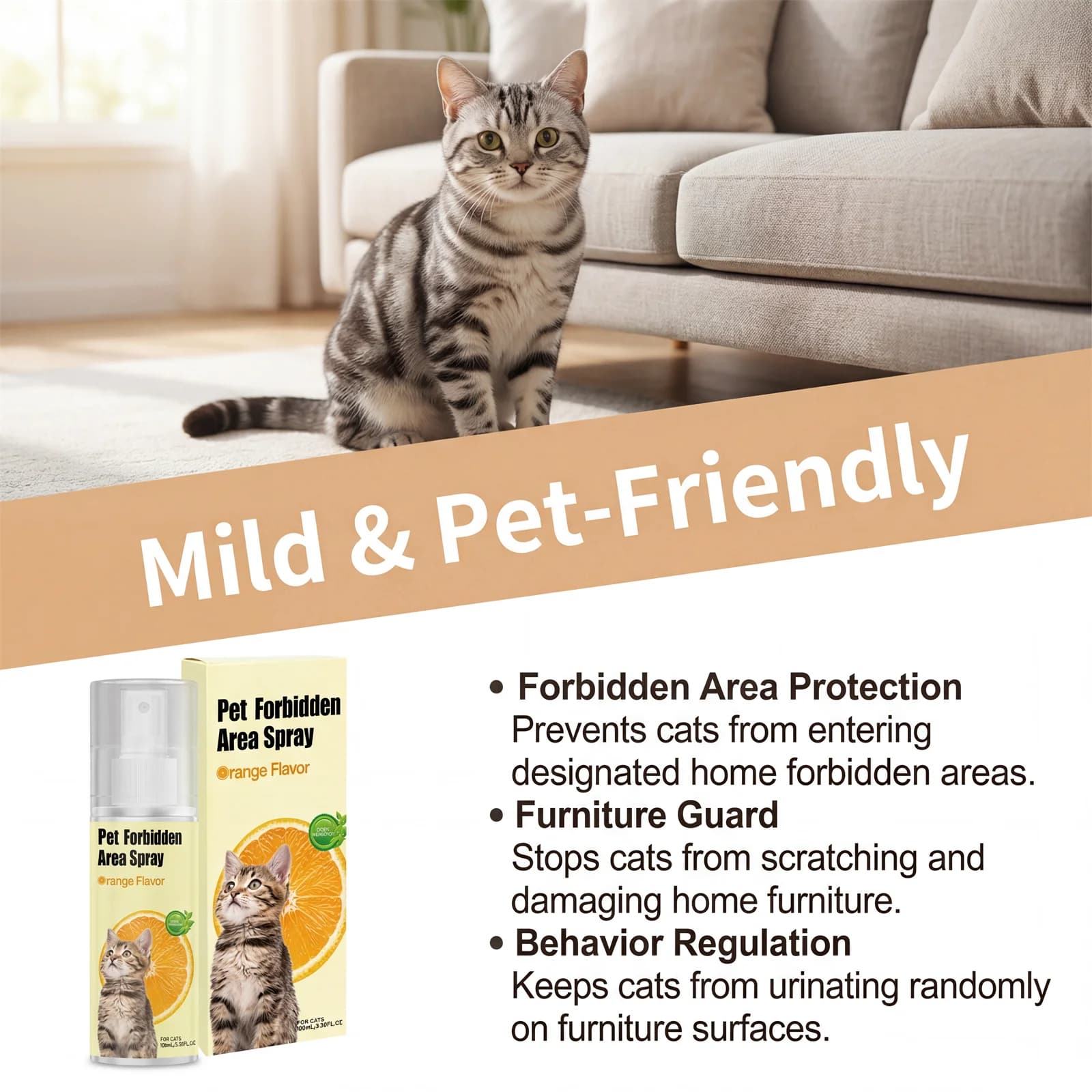 Spray d'entraînement pour chat 100 ml, correcteur de comportement pour animaux de compagnie, prévient les morsures, les urinations, anti-griffures, non toxique, parfum orange, spray répulsif pour anim