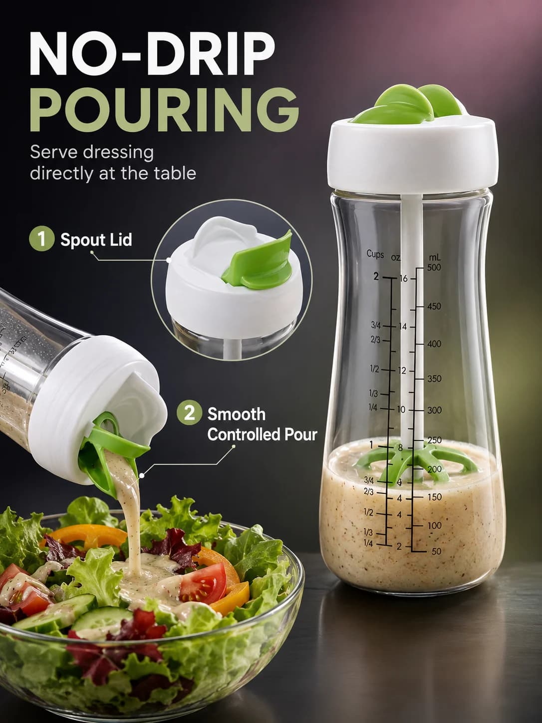 Bouteille shaker pour vinaigrette avec échelle graduée