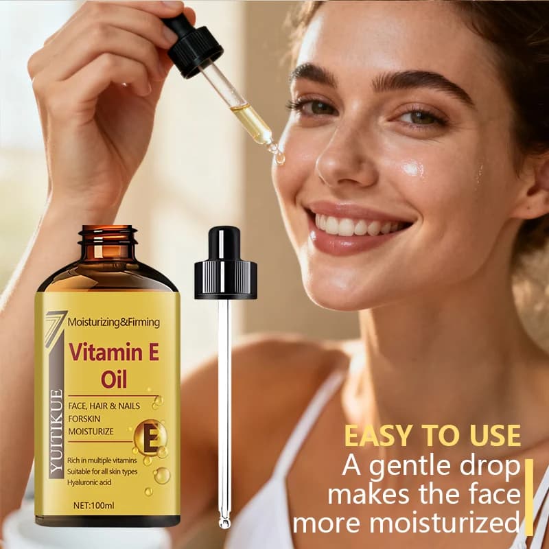 YUTIKUE 100 ml d'huile de vitamine E - Soin polyvalent pour le visage, les cheveux et les ongles, hydratant et raffermissant avec acide hyaluronique