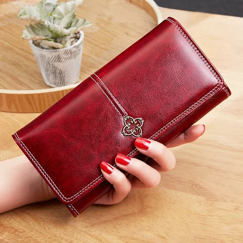 Portefeuille Long en cuir ciré à l'huile pour femmes, pince à billets rétro, grande capacité, pochette, porte-carte, haute qualité
