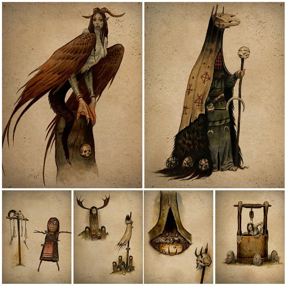 Sorcières chaman anciennes et prêtres fantômes, Art mural Vintage, décoration de maison, peinture sur toile, poupée malédiction, imprimés d'affiches artistiques de sorcellerie
