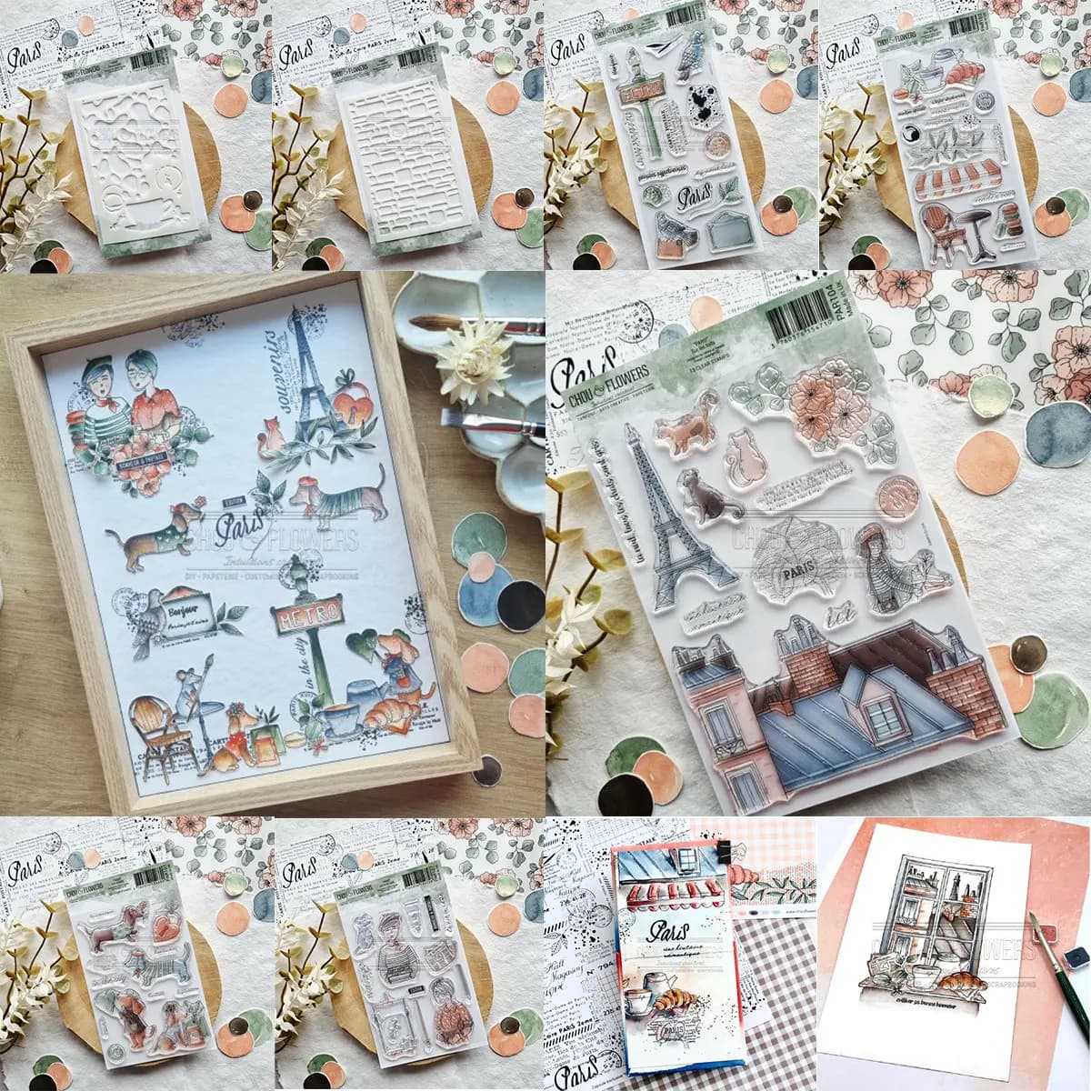 Tampon en silicone transparent sur le thème de Paris, France : Tour Eiffel, Café sur le toit de Paris, Croissant, Cadre, Ville européenne pour scrapbooking et création de cartes