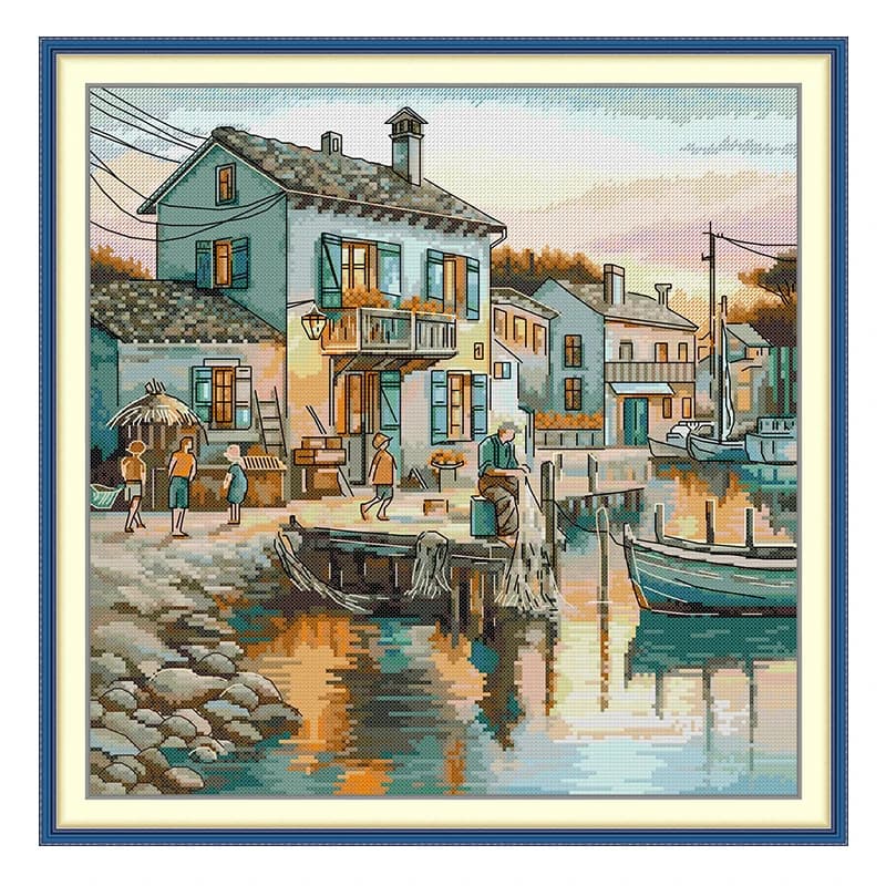 Ensemble de points de croix comptés, motifs de Village de pêche de venise, 11CT 14CT 16CT HD estampillé DMC, Kit de points de croix, broderie, couture