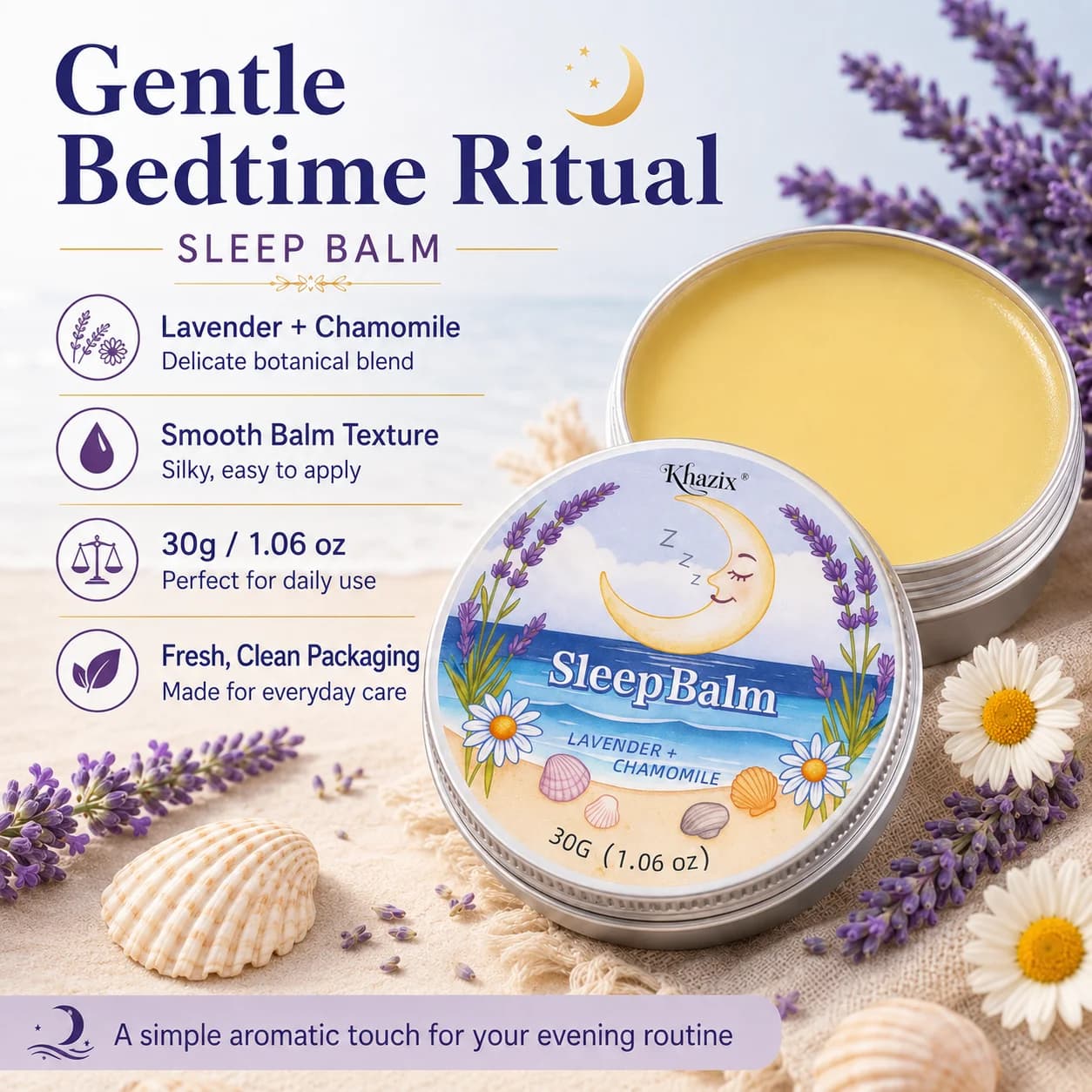 Baume de Nuit Apaisant 30g à la Lavande et à la Camomille – Arôme Relaxant, Doux pour la Peau, Format Voyage pour la Routine du Coucher