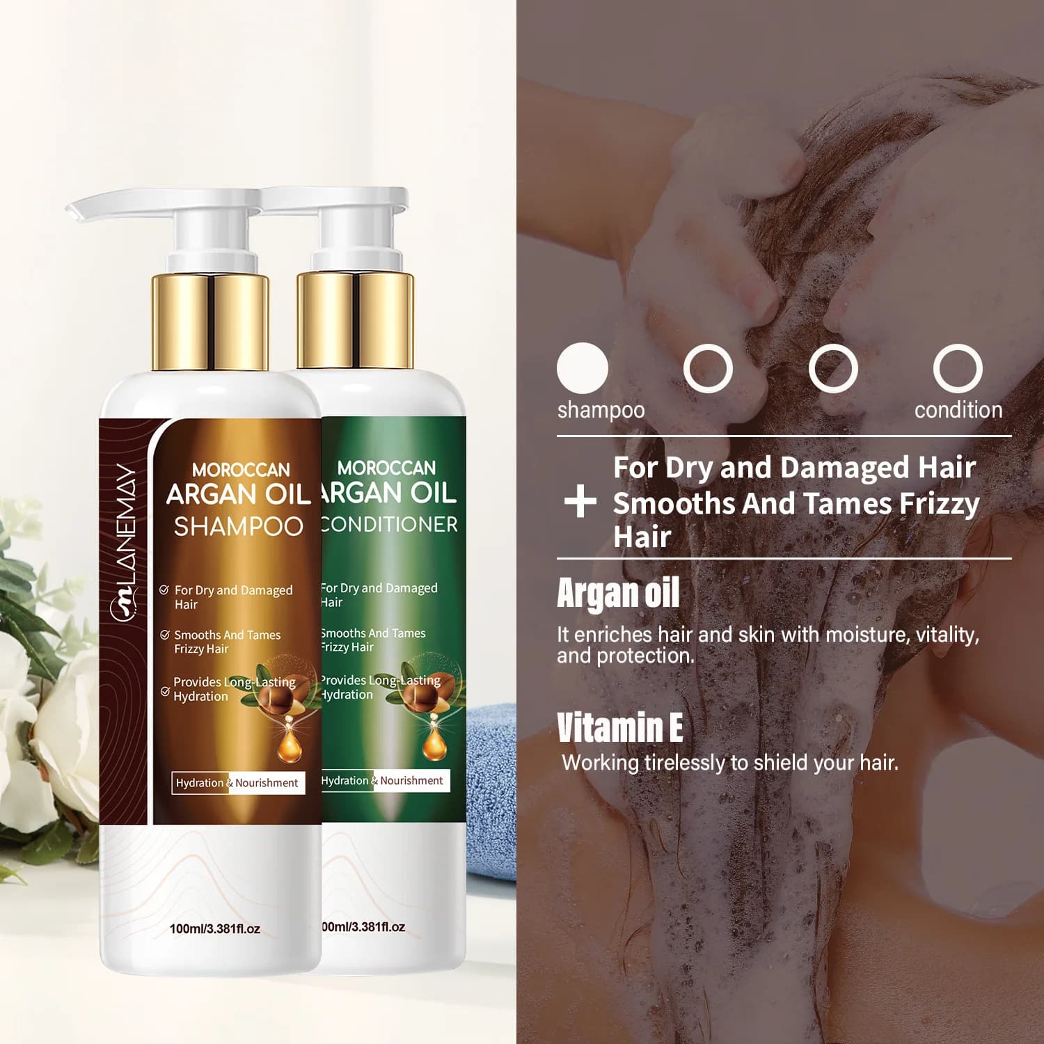Ensemble shampoing et après-shampoing à l'huile d'argan marocaine – 100 ml + 100 ml. Spécialement formulé pour les