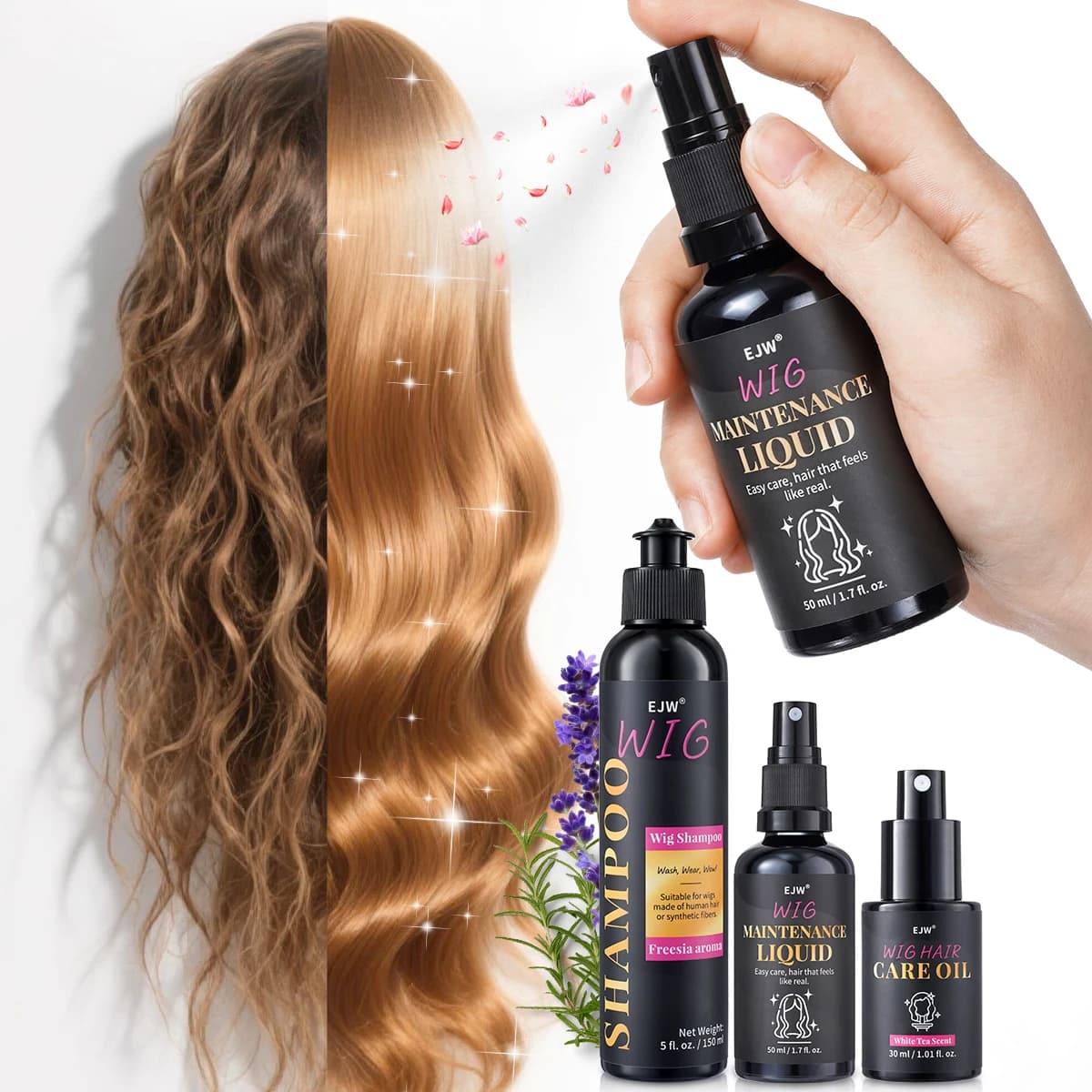 Shampooing pour perruques, Soin capillaire pour perruques, Formule à l'huile de coco pour cheveux secs, Hydrate et lisse, Anti-frisottis, Facilite le peignage, Prolonge la durée de vie des perruques