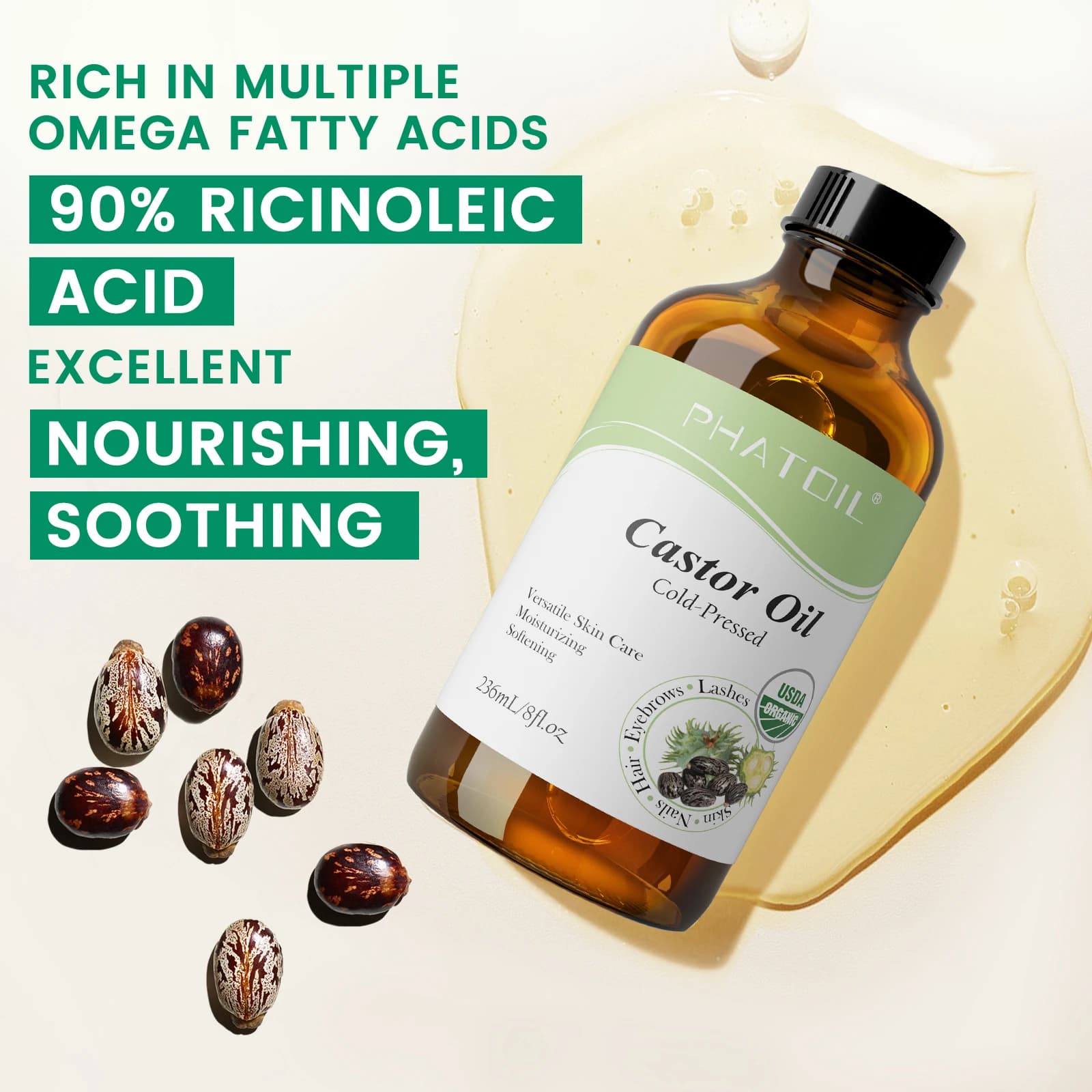 PHATOIL 1 pièces huiles de ricin organiques 118 ml/236 ml USDA huile de ricin pressée à froid pour la croissance des cils et des ongles, hydrate la peau, soins capillaires