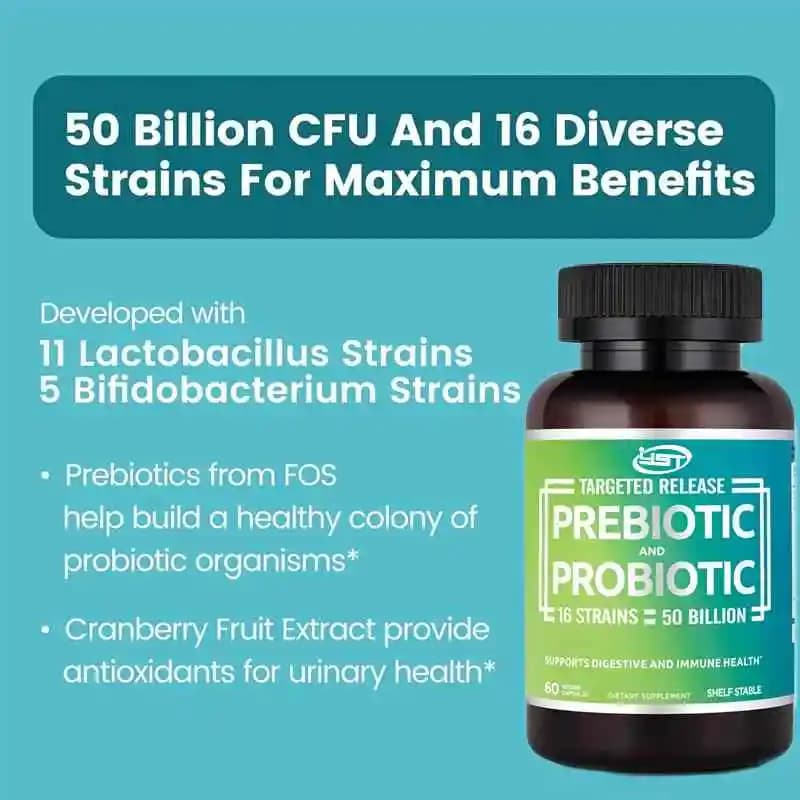 Probiotiques et Probiotiques 50 Milliards de Colonies pour la Santé Immunitaire et Digestive, 16 Souches, 60 Granules, Capsules Végétariennes à Libération Prolongée